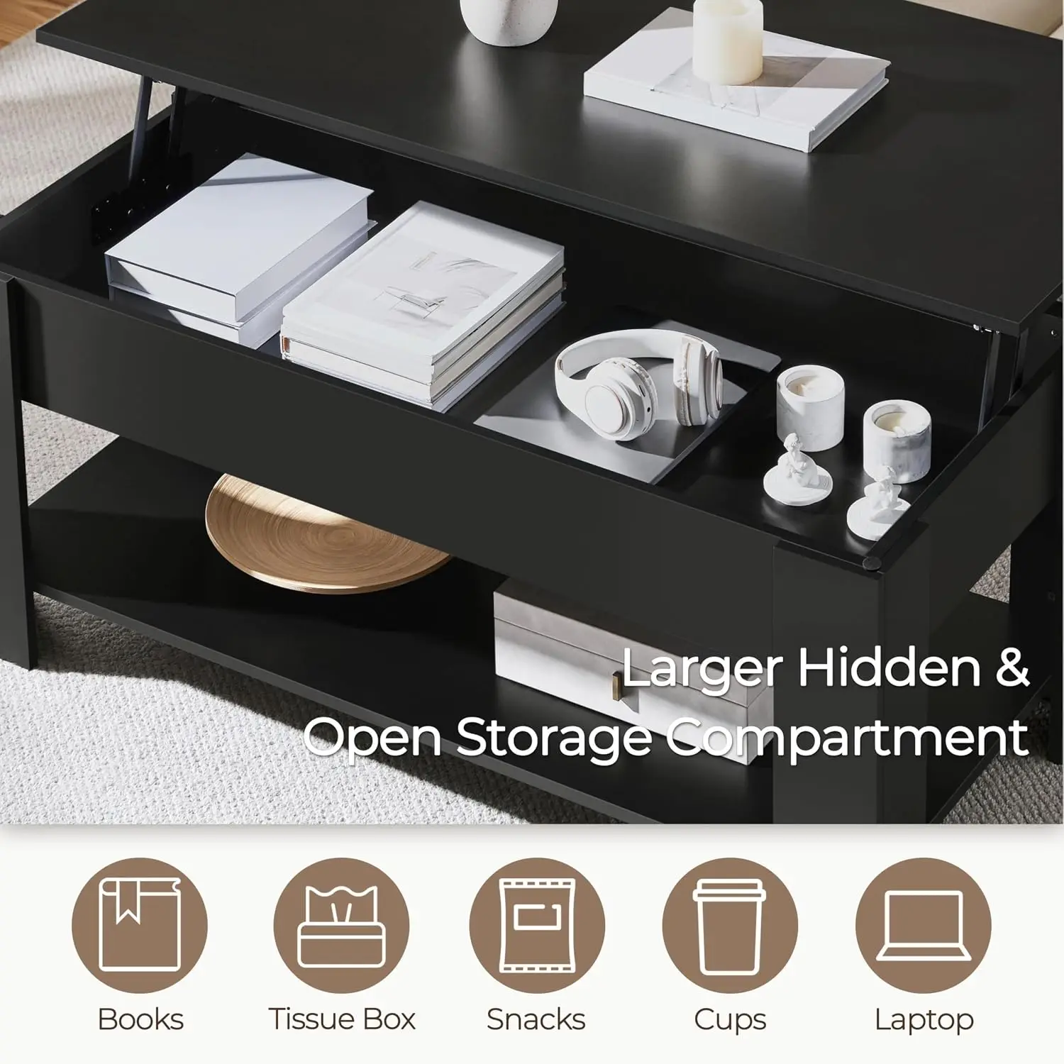 47.2" Lift Top Coffee Table with Hidden Storage & Shelf, Black
