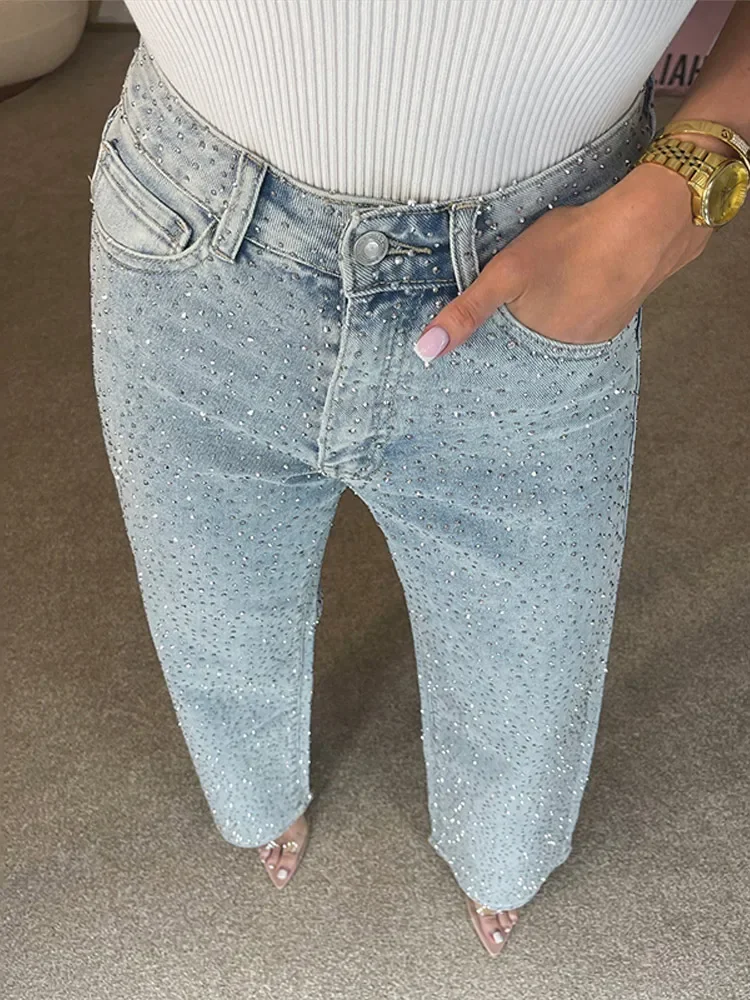 Y2k 女性光沢のあるラインストーンデニムパンツワイドレッグストレートフルダイヤモンドジーンズ女性のためのドラッグハイストリート生き抜くズボン