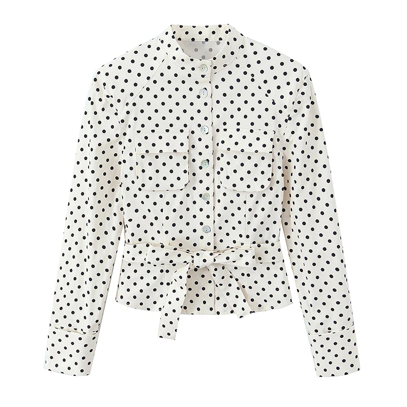 YENKYE Printemps 2026 – Veste chemise ajustée à pois pour femme, manches longues avec ceinture et po