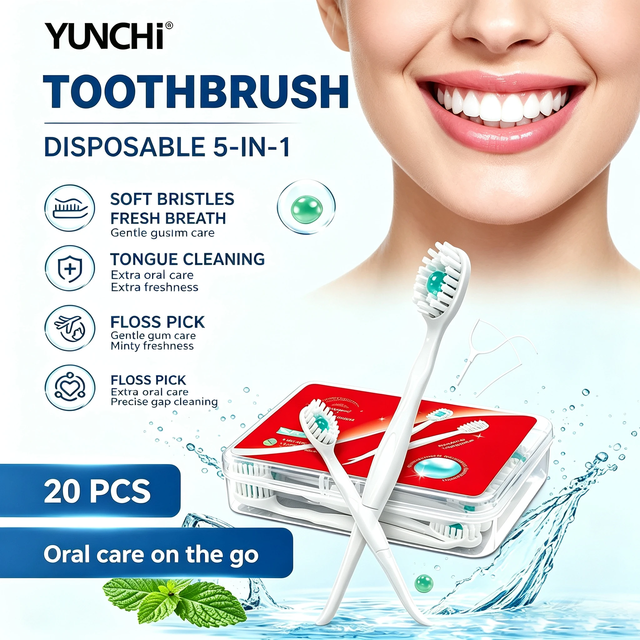 Disposable Travel Toothbrush Kit 5-in-1 Soft Bristle Toothpaste Tongue Cleaner Interdental Picks Portable Oral Hygiene Set