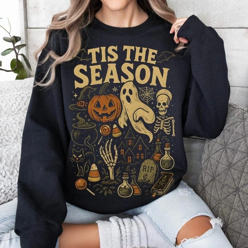 2026 Retro Halloween Sweatshirt Spooky Ghost Skeleton Pumpkin Potion Haunted House Print Pullover Casual Halloween Unisex Tops