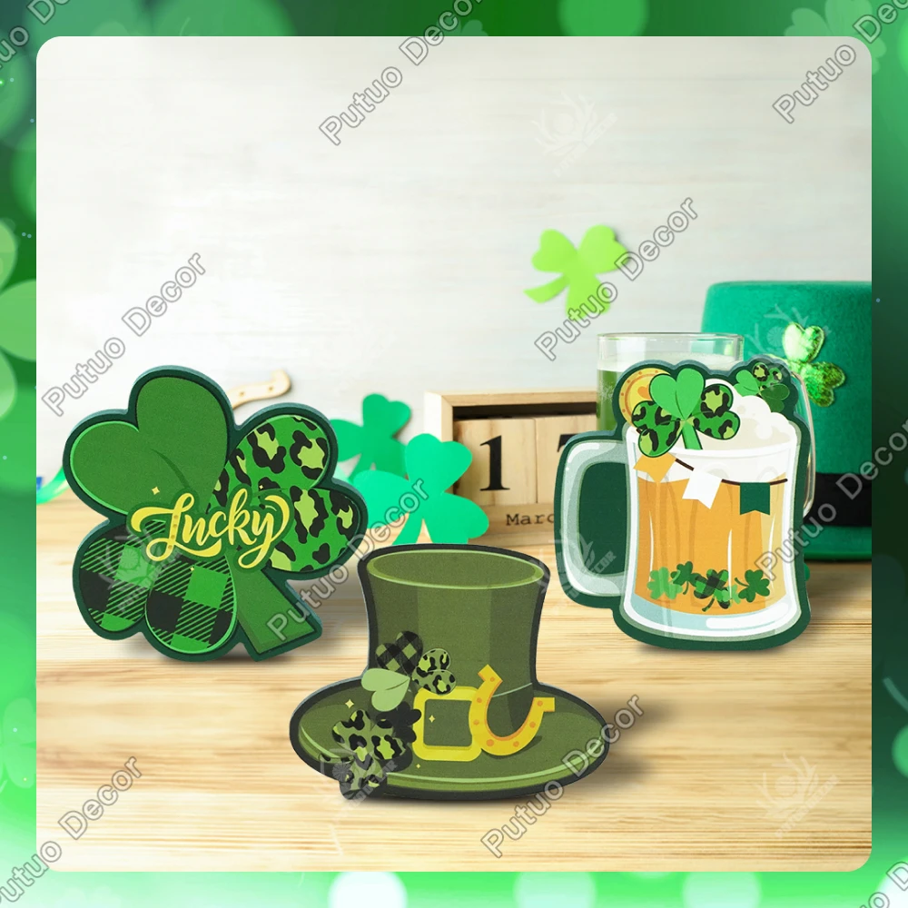 

Putuo Decor 3pc Shamrock Beer Wooden Sign Table Decor, Lucky, Desktop Decoration for Home Cafe Bar Club, St.Patrick's Day Gifts