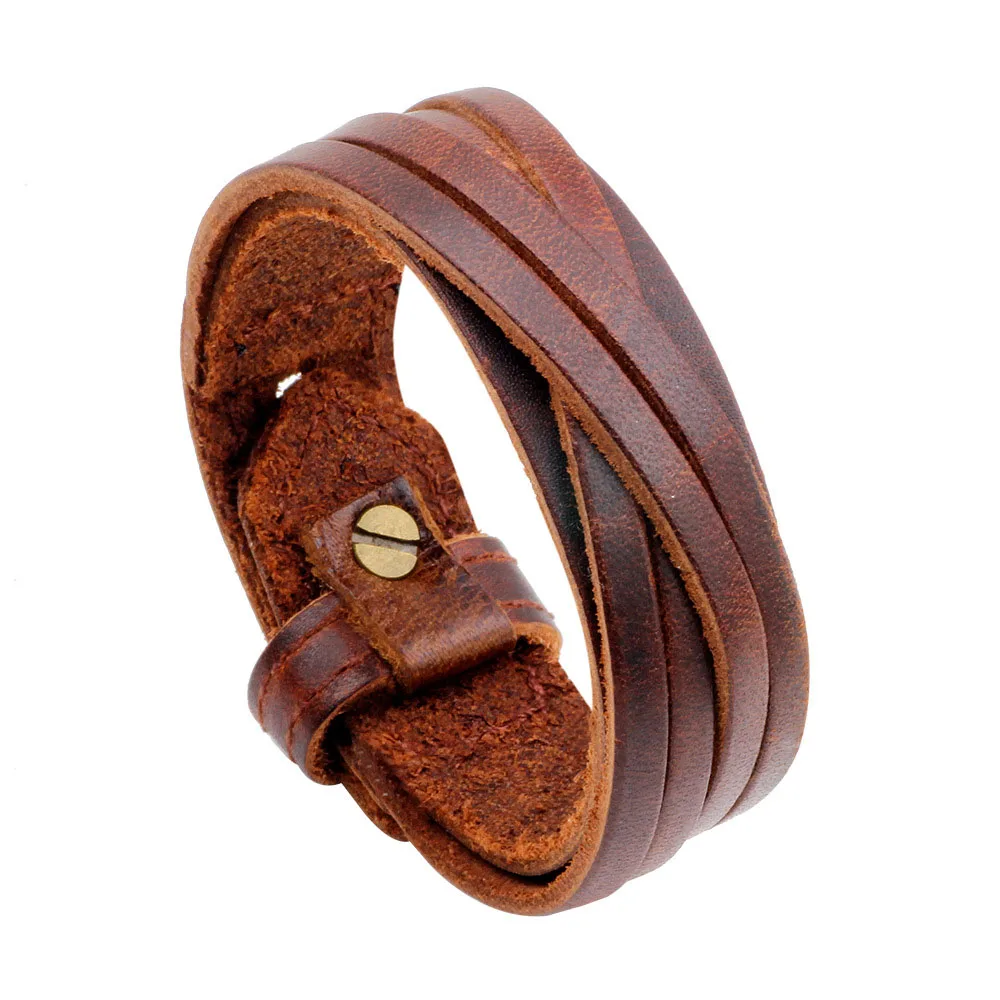 Kirykle Male Cow Leather Bracelets Biker Jewelry Men\'s Bracelet Retro Wristband Bangles Man Jewelry Alloy Buckle Adjustable