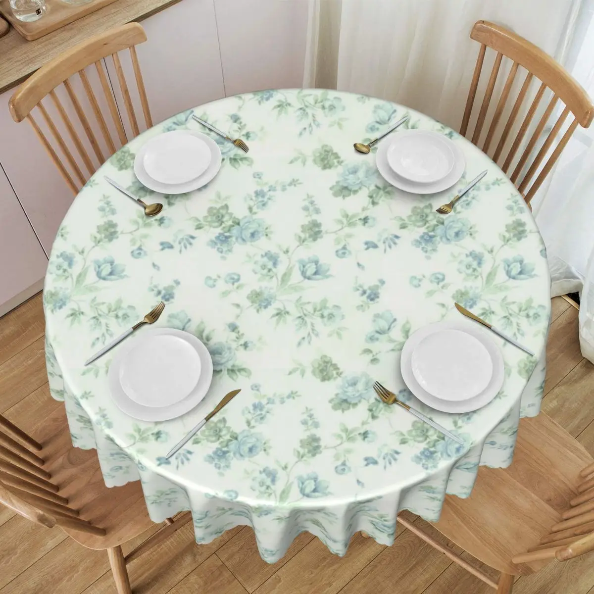 Customized Round Blue And Green Floral Tablecloth 60 inches Kitchen Dinning Table Cloth Spillproof Table Covers