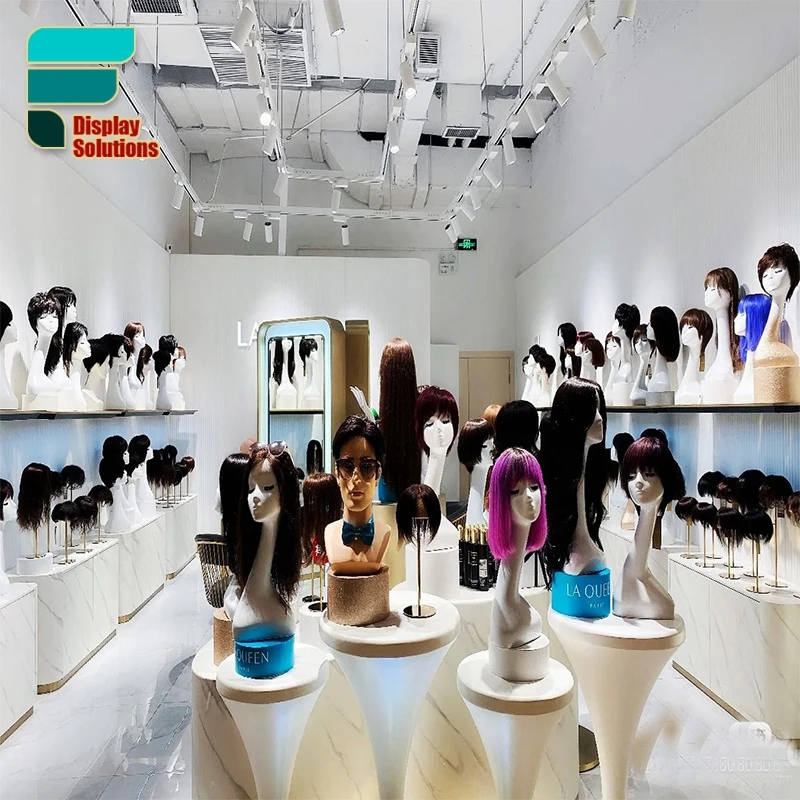 Customized-Wig Store Interior Decoration Mannequin Wig Display Shelves Stand Lighting Shop Wigs Wall Display