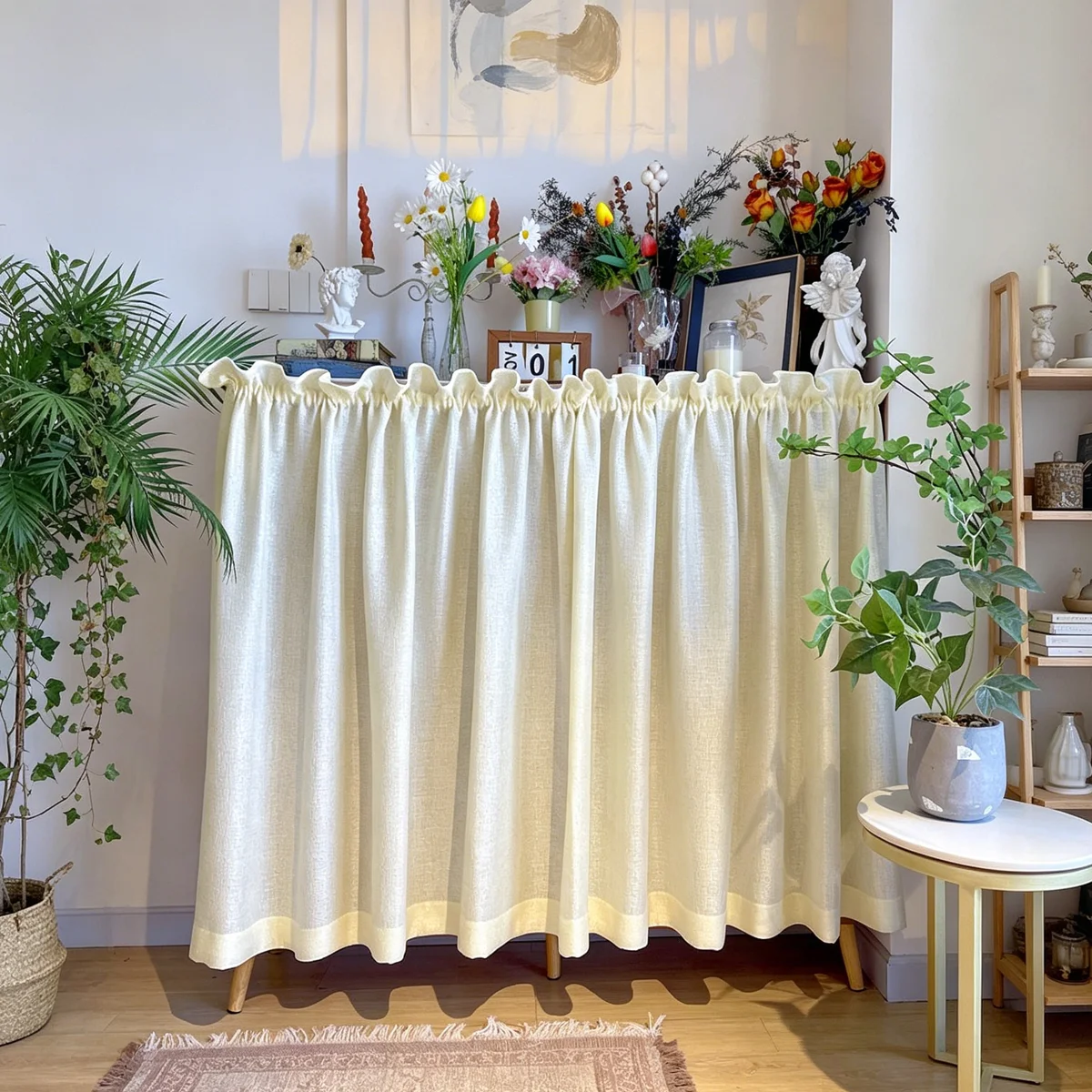 Cream Linen Semi Sheer Cabinet Curtains, Rod Pocket Ruffled Top Cupboard Shelf Cover Valance for Kitchen Home Decor