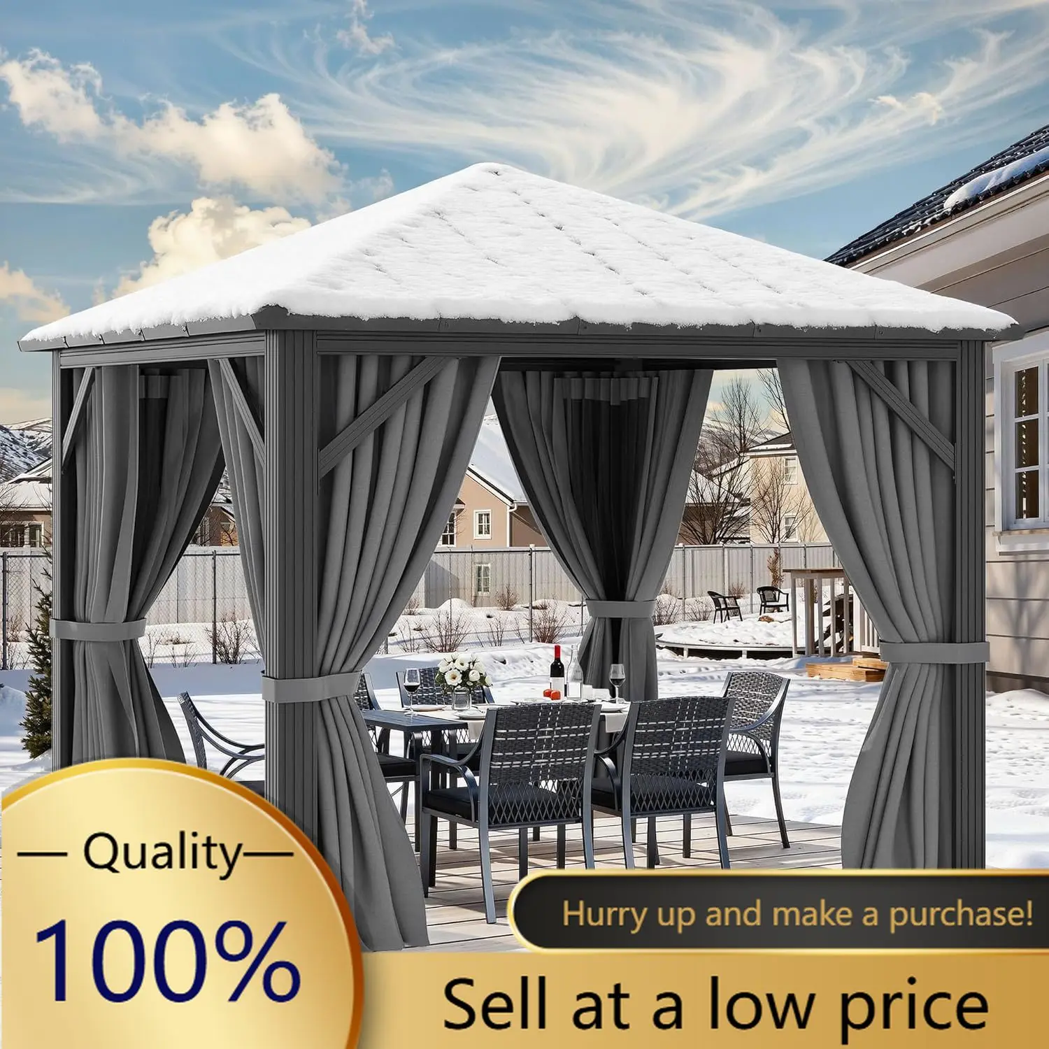 10X10FT Metal Hardtop Gazebo Outdoor Patio Single Top Canopy | Galvanized Iron Aluminum Column Garden Tent Curtains Netting for