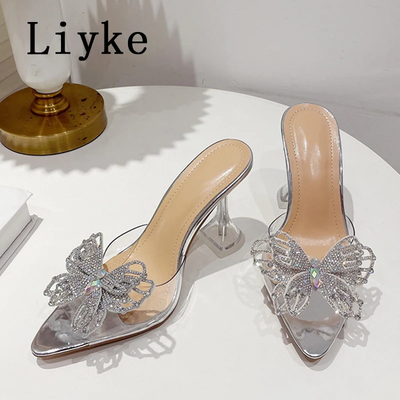 Liyke PVC Transparent Slippers For Women Fashion Rhinestone Bowknot Summer Sandals Pointed Toe Clear High Heels Party Prom Shoes