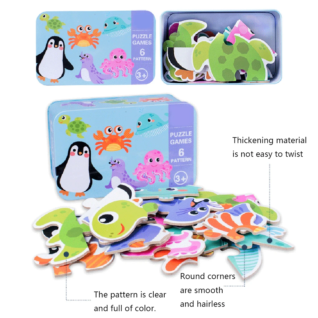 Children Toys 6-in-1 Box Puzzle Jigsaw Wooden Toys Cartoon Animals Puzzles Kids Educational Toy