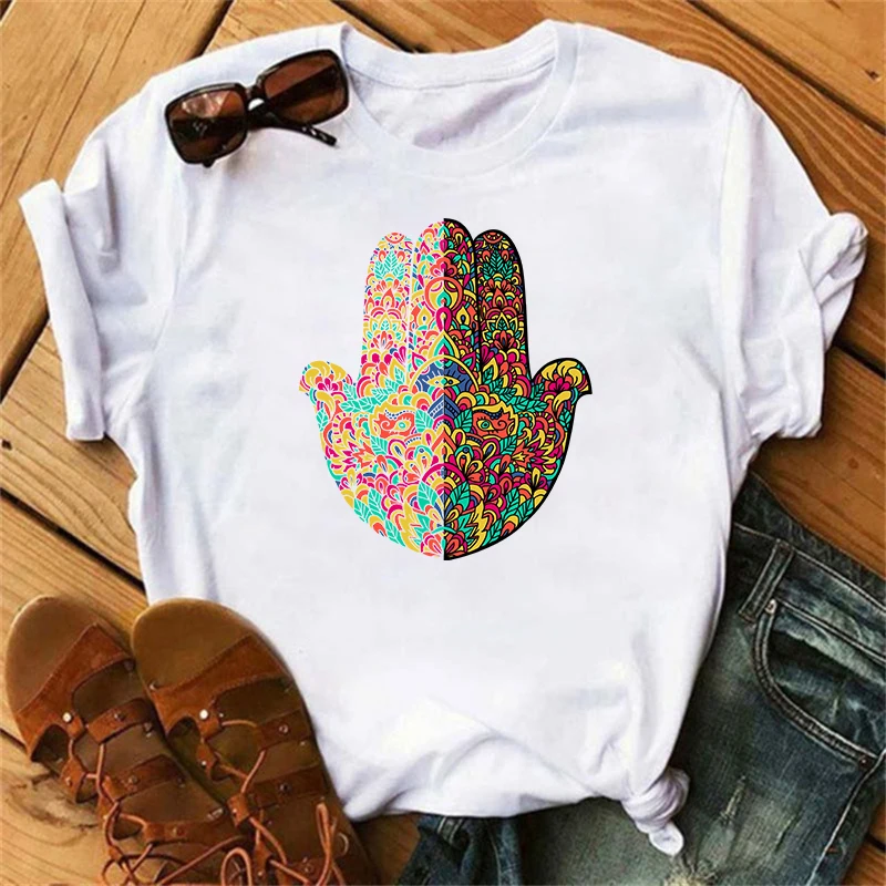 Lucky Hamsa Hand Fatima Harajuku Mujer Camisetas White T Shirts Luxury Brand Graphic Short Sleeve Tshirt Cotton Women T-shirt