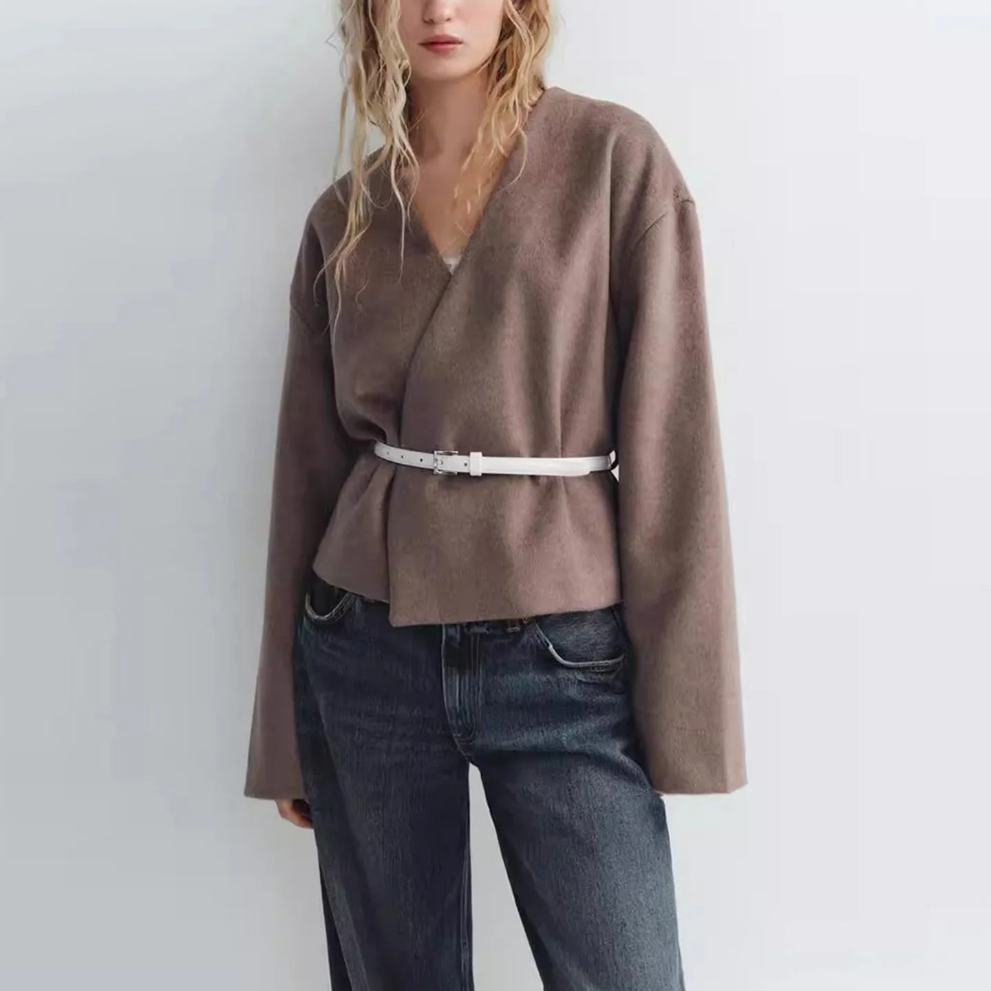 

Z женское модное мягкое длинное пальто-вик с v-образным вырезом и поясом, осень 2023, Новое поступление, европейское пальто-стойка