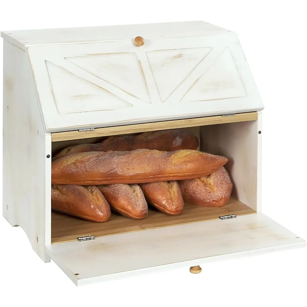 

Double Layer Large Bread Box for Kitchen Counter, Wooden Large Capacity Bread Storage Bin (Rustic White)