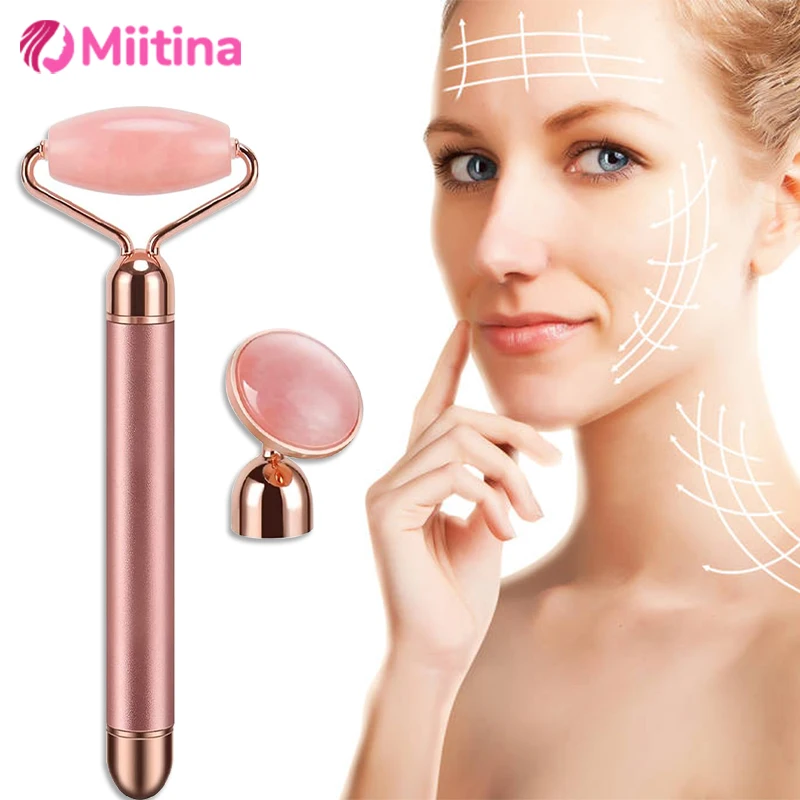 

2 in 1 Electric Vibrating Natural Rose Quartz Jade Roller Face Lifting Crystal Jade Stone Facial Roller Beauty Massager New Tool