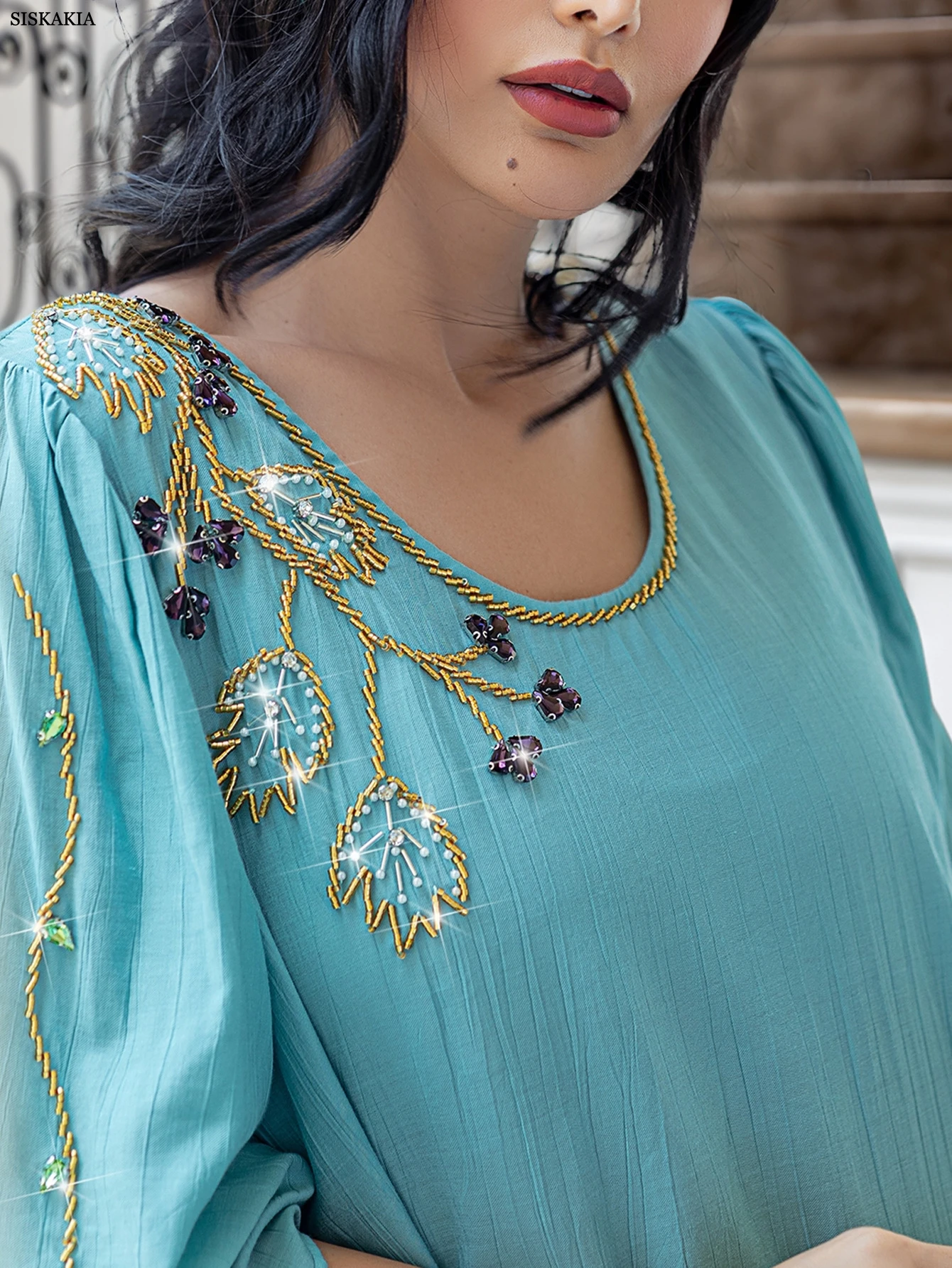 Siskakia Dubai elegante vestido de noite feminino com miçangas e gola redonda 	 Abaya Três Quartos Kaftan Flare Manga Caftan Marocain Femme