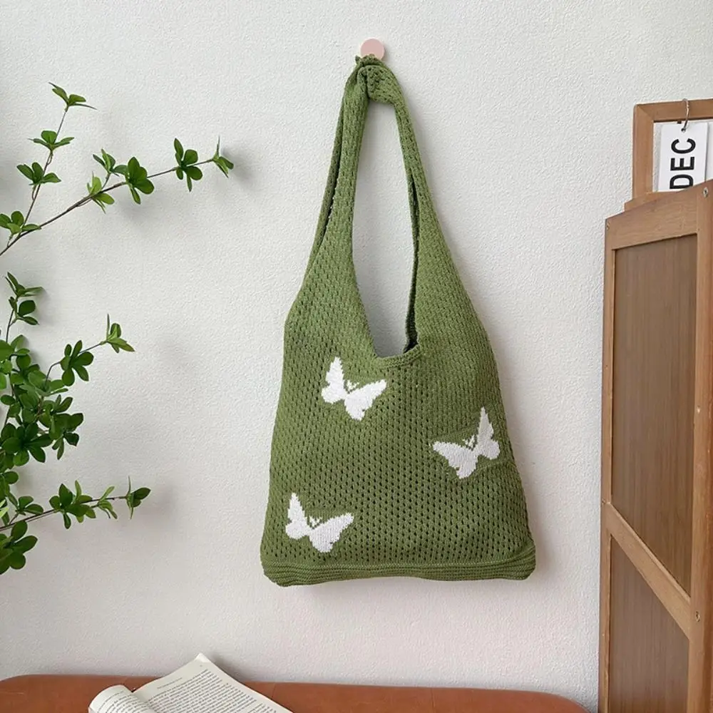 

Vintage Bohemian Knitted Shoulder Bag Leisure Sweet Crochet Tote Bag Butterfly Hollowed Out Beach Bag Shopping