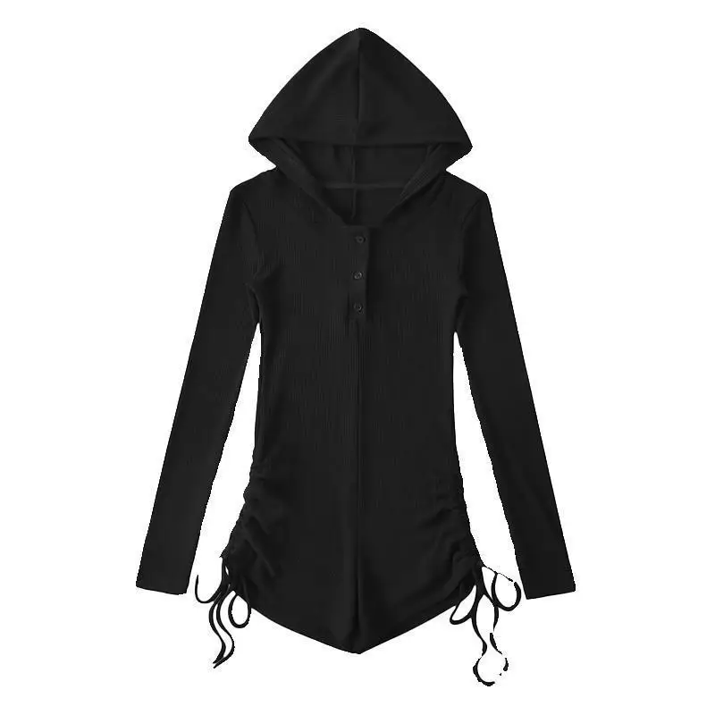 Wasteland Style Black Hooded Rompers for Women's Summer Thin Long Sleeve Drawstring Shorts Niche Slim Spicy Girl Jumpsuit Shorts