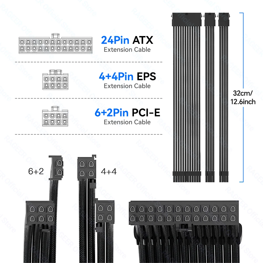 RAGEER PSU Extension Cable Kit Motherboard Cable Solid ATX 24Pin GPU PCIe 6+2Pin 8Pin CPU EPS 4+4Pin 18AWG Power Cord with Combs image 4