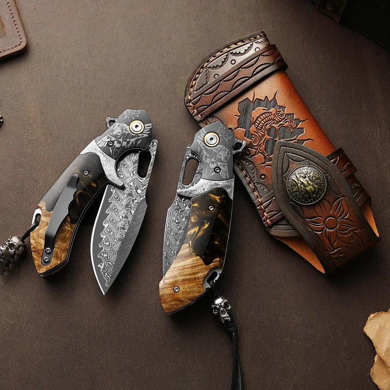 Damascus Steel Folding Pocket Knife, Resin+Maple wood，Leather Sheath，Outdoor Camping,Survival Tool, Collector's Grade Gift Knife view 5