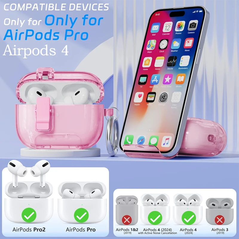 AirPods 4 Case with Hidden Phone Holder, Auto Flip Cover, Clear Anti-Loss Shockproof Soft TPU Case, Dustproof Protective Cover