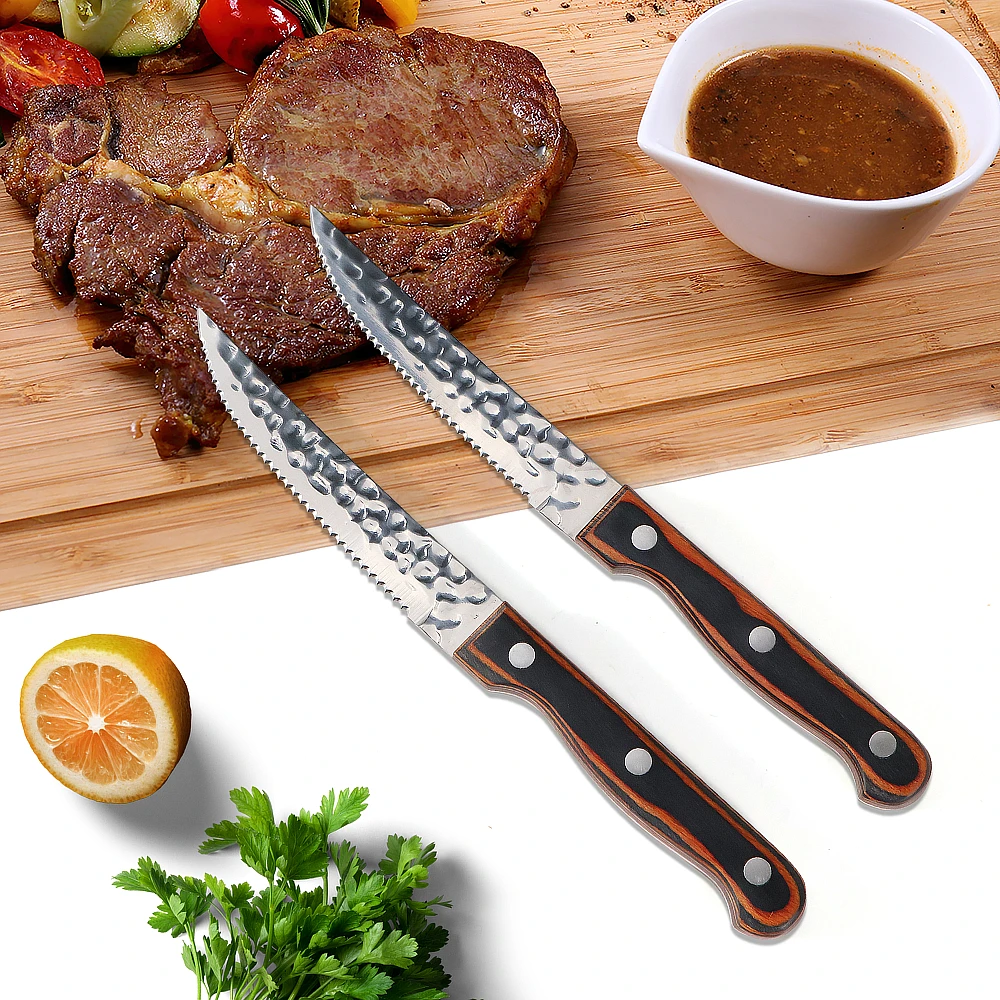 Jaswehome 2/4/6pcs Steak Mes Rvs Diner Steak Messen Gehamerd Forge Scherp Mes Pakka houten Handvat Keuken Gereedschap