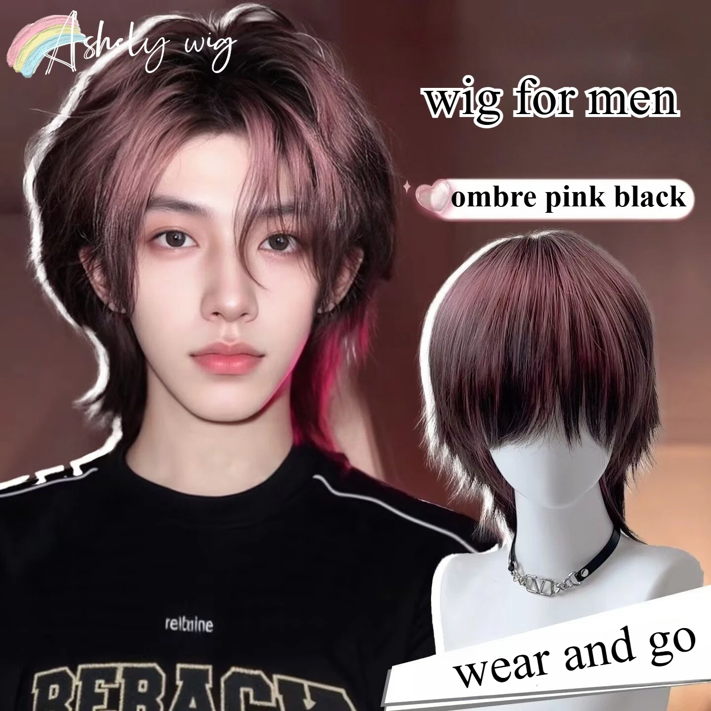 

Ombre Pink Black Wig for Wen Short 6inch Hair Wig High Temperature Fiber Headband Synthetic Wigs for Cosplay Daily Use Peruca