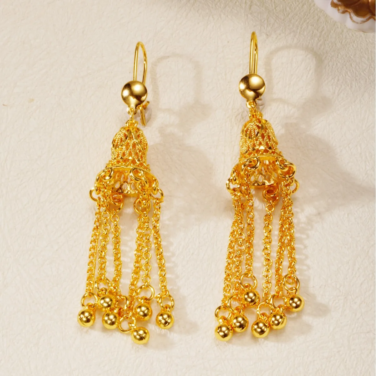 9999 gold high-end lantern fringed earrings, long style, niche and cool trend, unique and versatile, waterdrop style earrings,