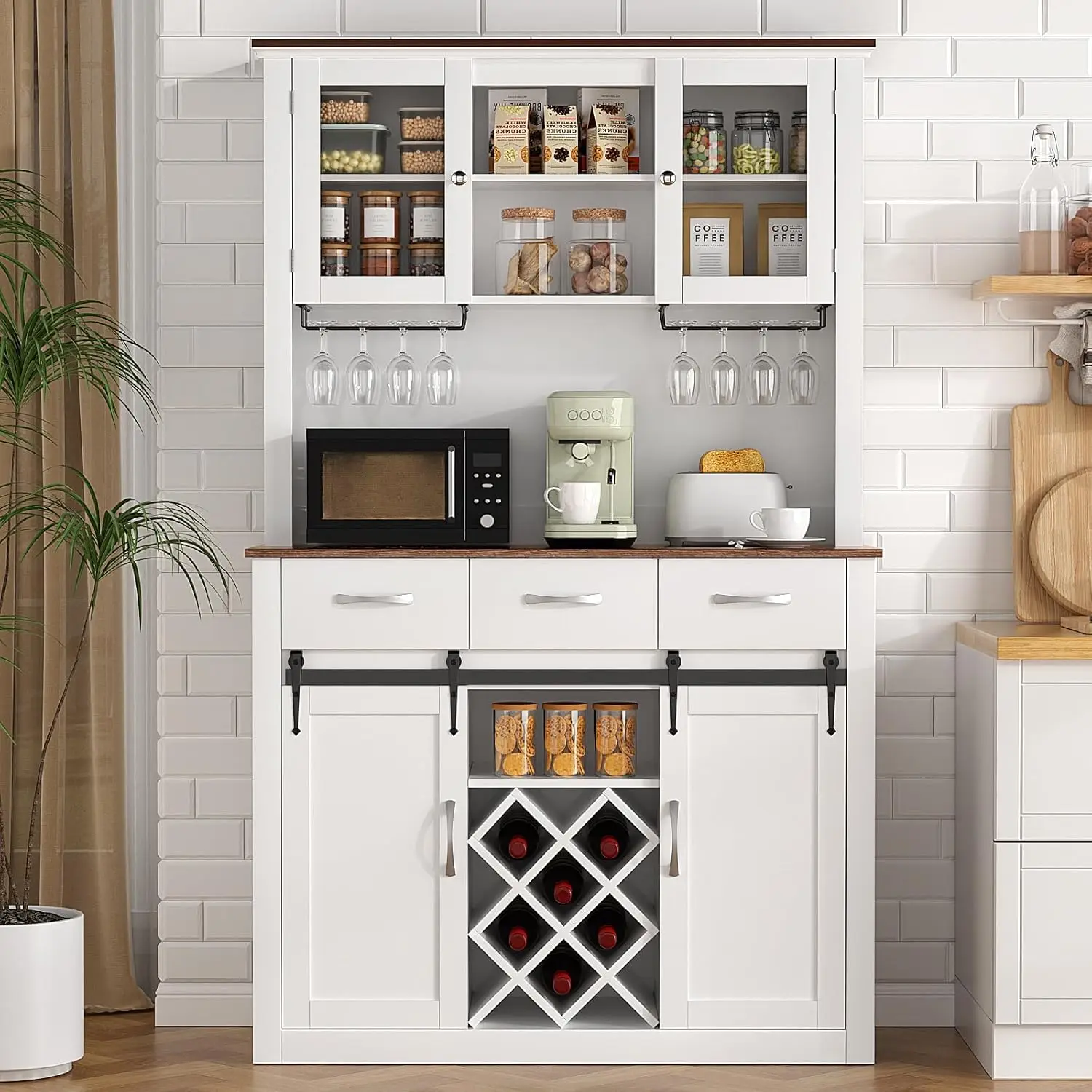 

72" Tall Farmhouse Bar Cabinet with Sliding Barn Doors, Kitchen Pantry Storage Cabinet with Wine&Glass Racks, Hutch Buffe