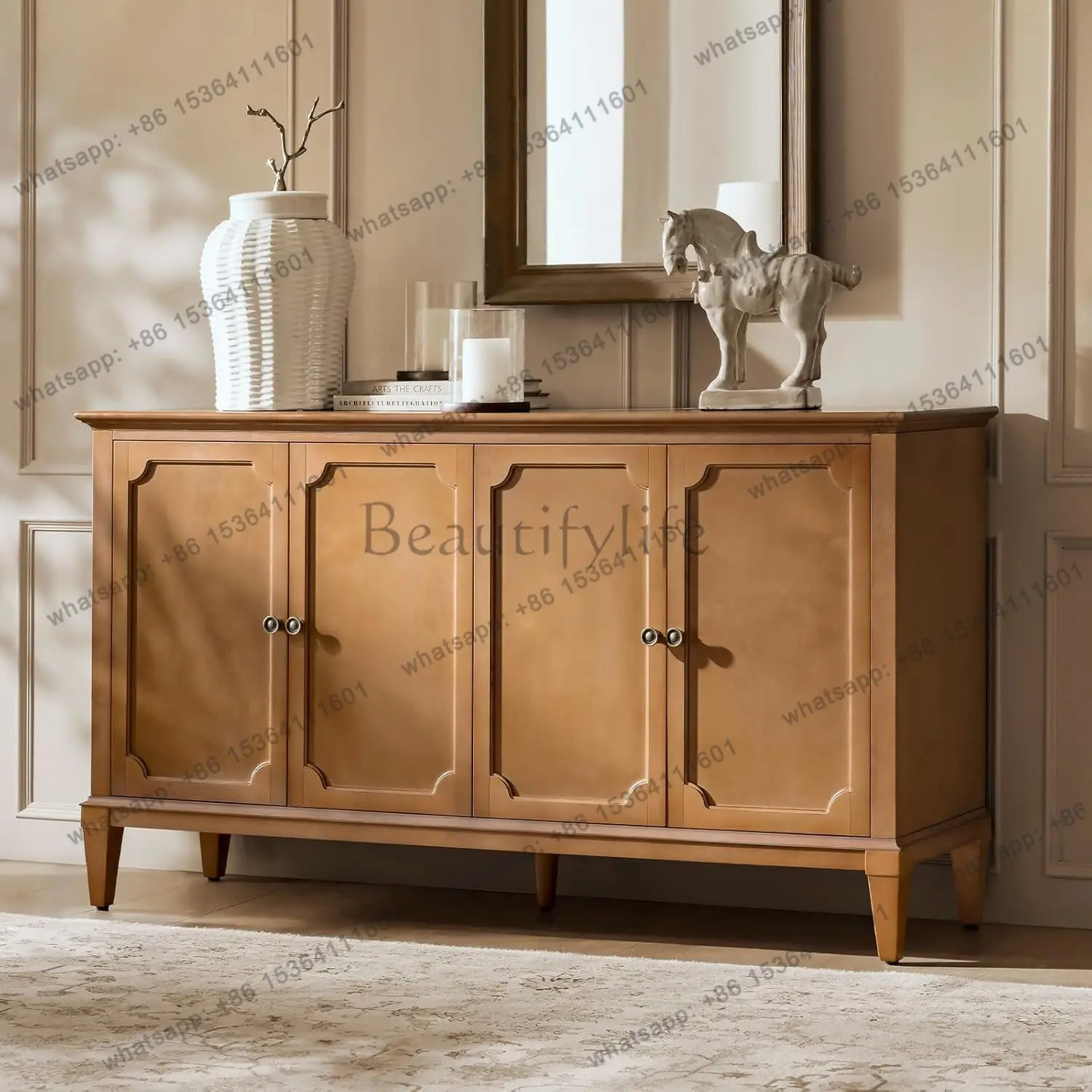 Mid-Century Modern Sideboard Cabinet, 4-Door Storage Buffet Adjustable Shelves, Solid, Customized
