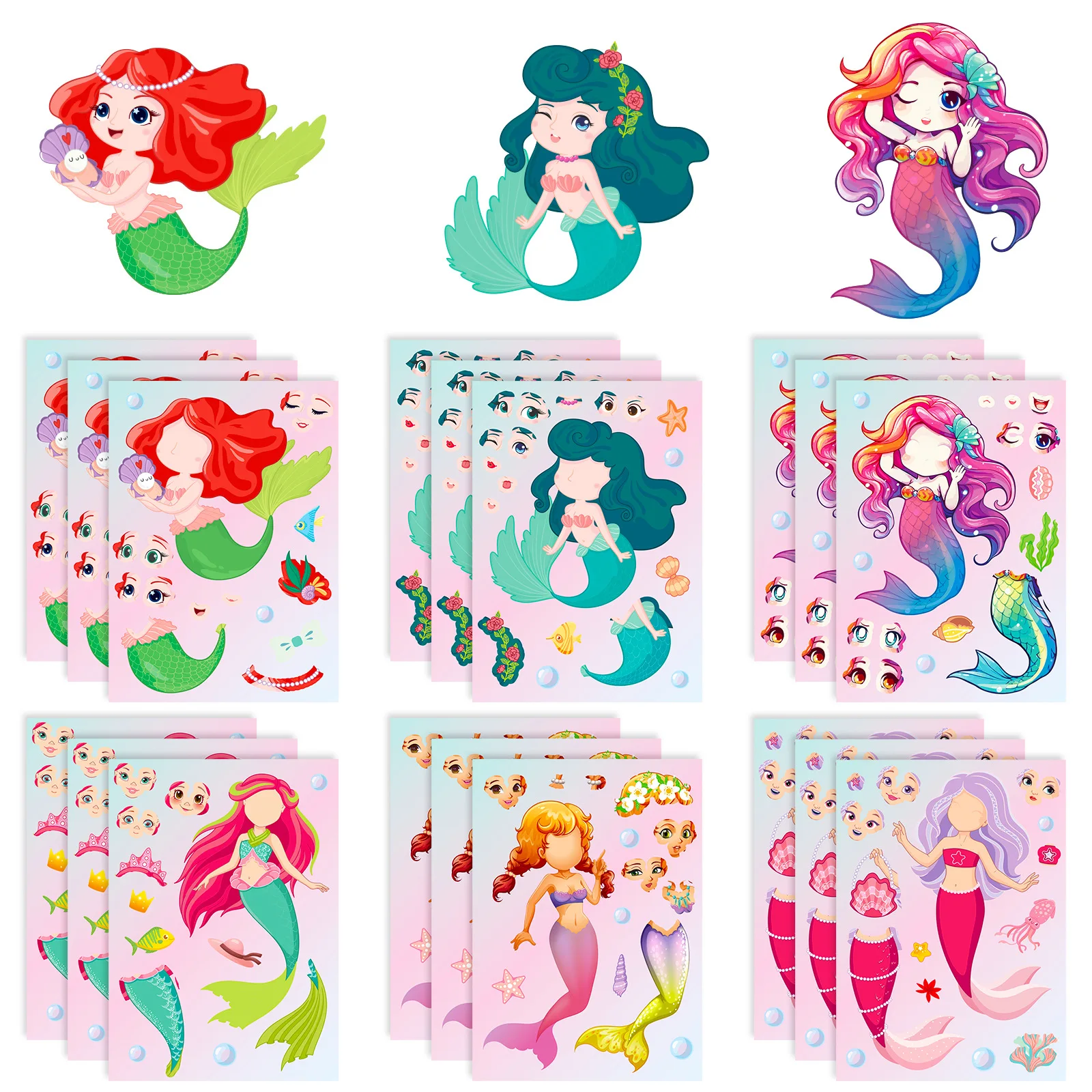 6Sheets Children DIY Puzzle Sticker Games 6 Mermaid Make A Face Funny Assemble Jigsaw Stickers Kids Educational Toys