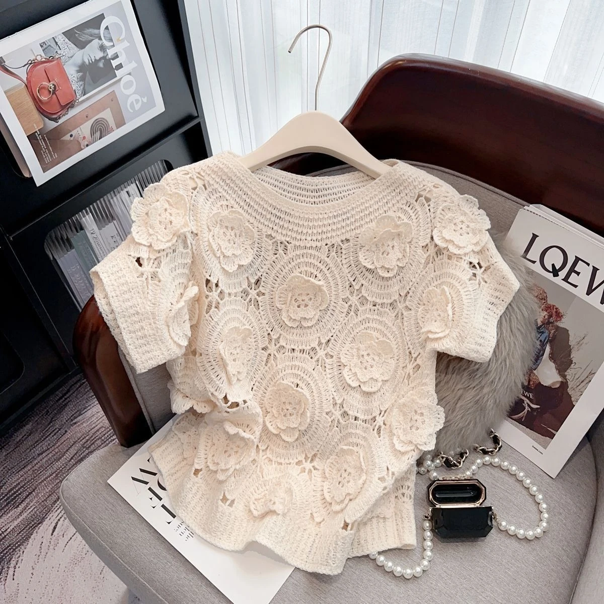 Short Sleeved Knitted Top Three-dimensional Hollow Hook Flower T-shirts Camisetas Ropa Mujer Sweater Graphic T Shirts Women