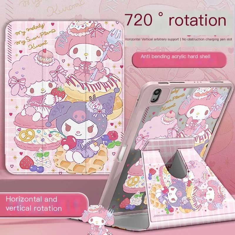 

Sanrio Melody Ipad Cute Anti Fall Protective Case Mini6 Three Fold with Pen Slot Flip Type Acrylic Rotating Dustproof Flat Shell