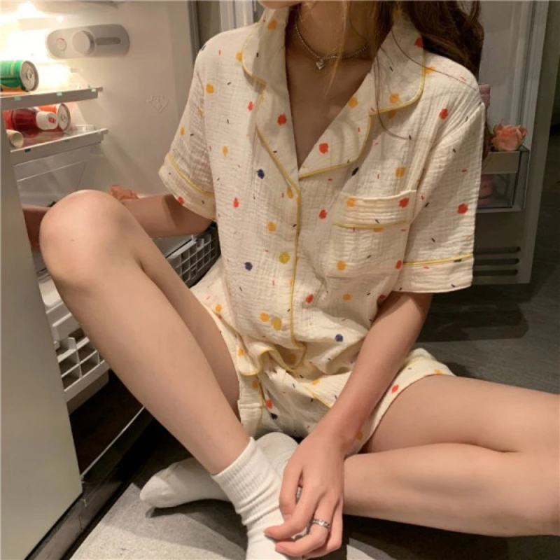 New Summer Pajamas Women Princess New Style Sweet Lace Short Sleeve Shorts Loose Plus-Size Wrinkled Fabric Cross-Border Set