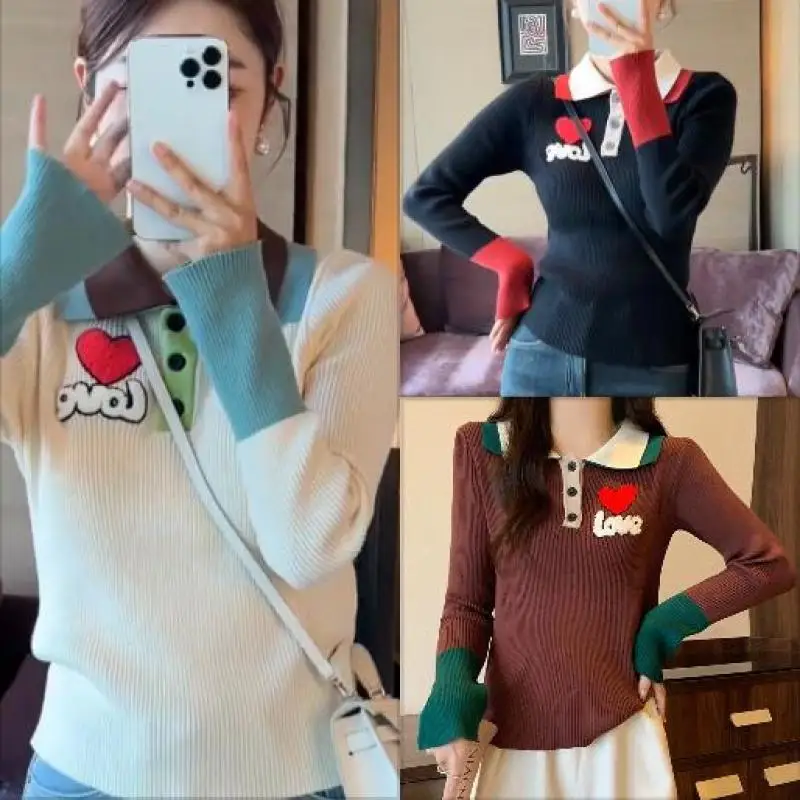 

Retro Love Heart Sweater Women Color Patchwork Polo Neck Bottoming Top Knitwear