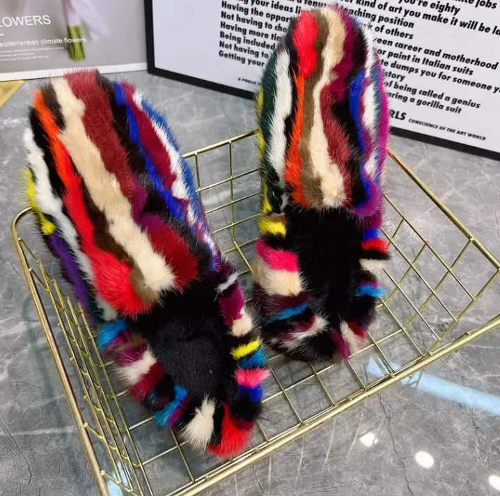 Eskimo Style Colorful Striped Mink Fur Flats Loafers Thick Platform Solewoman Full Multi Fur Patchwork Cozy Winter Flats Shoes