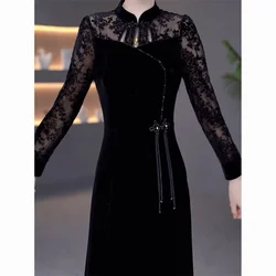 Long Dress Women's 2026 Autumn New Retro Gold Velvet High end Women's Loose and Slim Mid length Fashionable CheongsamDress Black