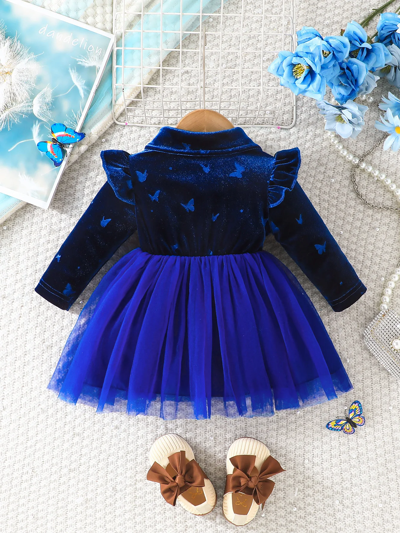 Winter 2024 Girls Dress Girls Long Sleeve Turn-down Collar Bow Blue Cute Preepy Look Birthday Party Dresses Vestidos 3M-3T