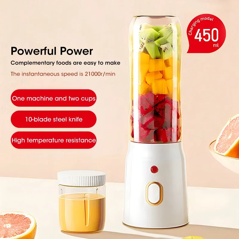 2 Bottles Electric Fruit Juicer Portable Wireless Blender Machine Orange Ice Crushing 6 Blades Auxiliary Food Machine 1500mA