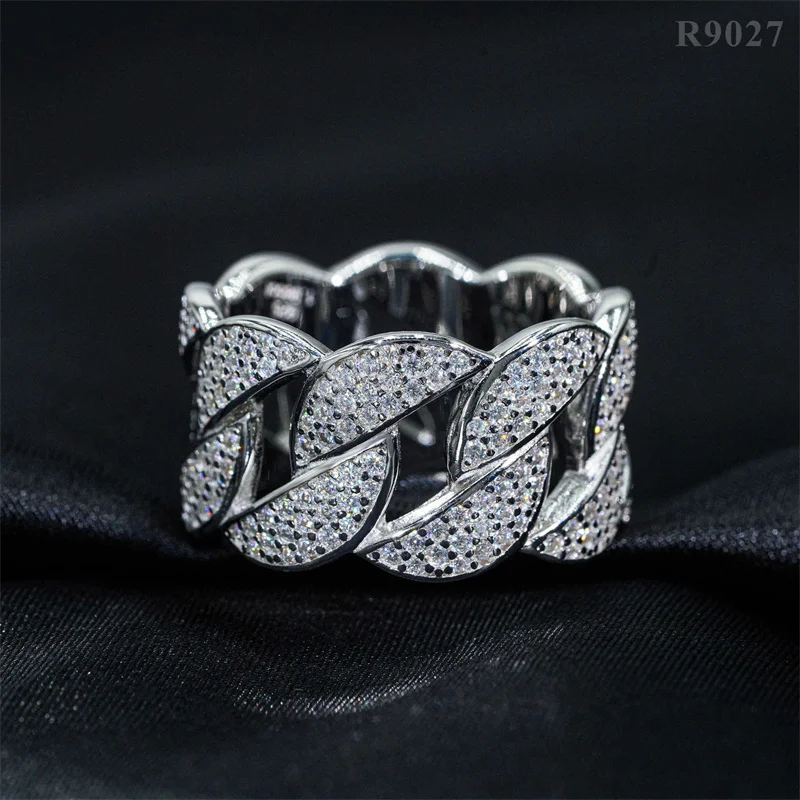 

R9027 Lefei Fashion Luxury Trendy Classic White Moissanite Full Diamond-set Cuban Chain Rings For Women s925 Silver Jewelry Gift