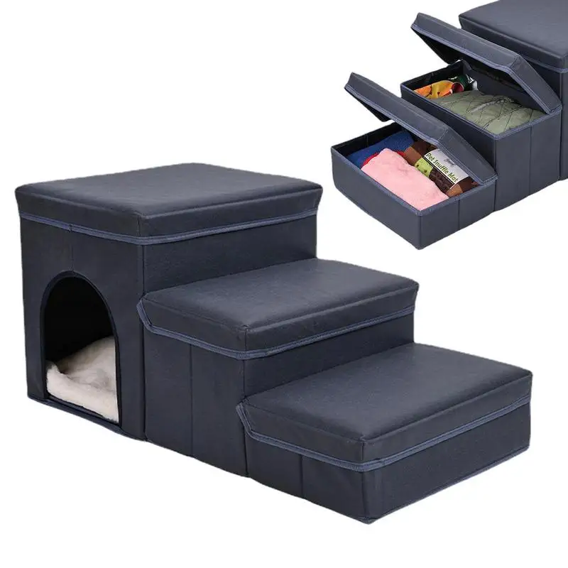 

Dog Stairs Non-Slip 3-Step Dog Ladder Foldable D0ggy St-eps Portable Pet Step Stairs With Pet Toy Storage Box Pet Supplies