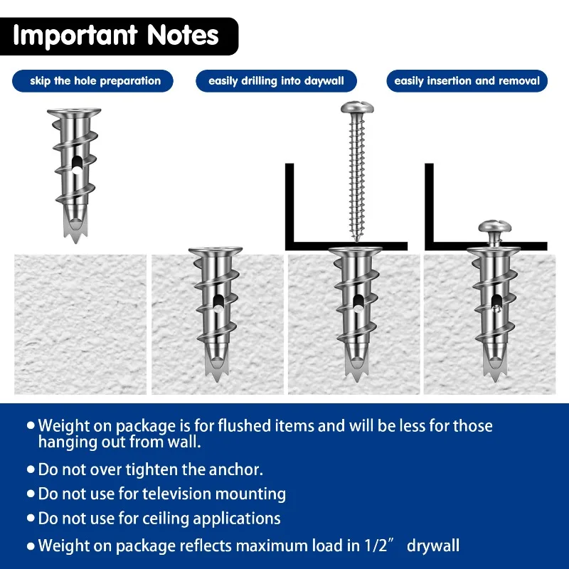 مجموعة مراسي الحوائط الجافة للزنك ذاتية الحفر من VKKM - مع 60 قطعة من مراسي الزنك و60 قطعة # 8 براغي، تحمل ما يصل إلى 50 رطلاً، لا حاجة إلى حفر مسبقًا