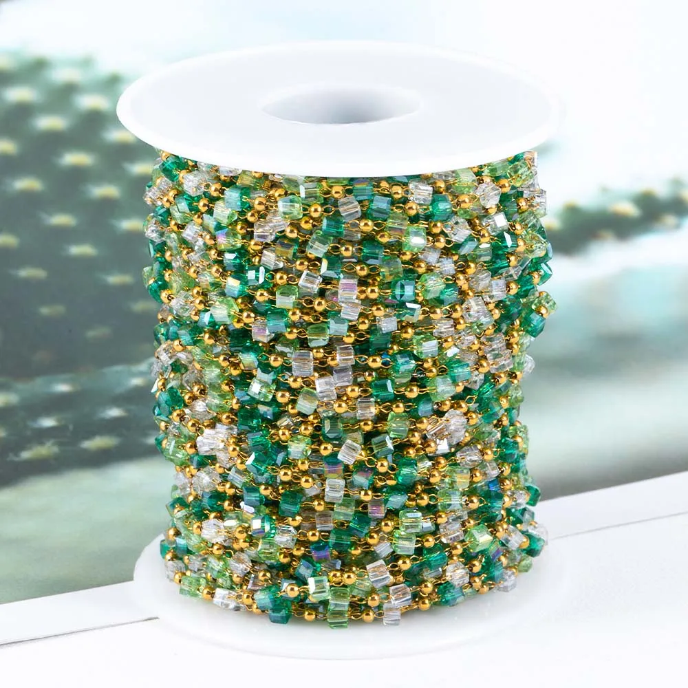 1Meter Stainless Steel Chain Boho Green Crystal Cube Square Beads Chain for DIY Holiday Style Necklaces Bracelets Jewelry Making