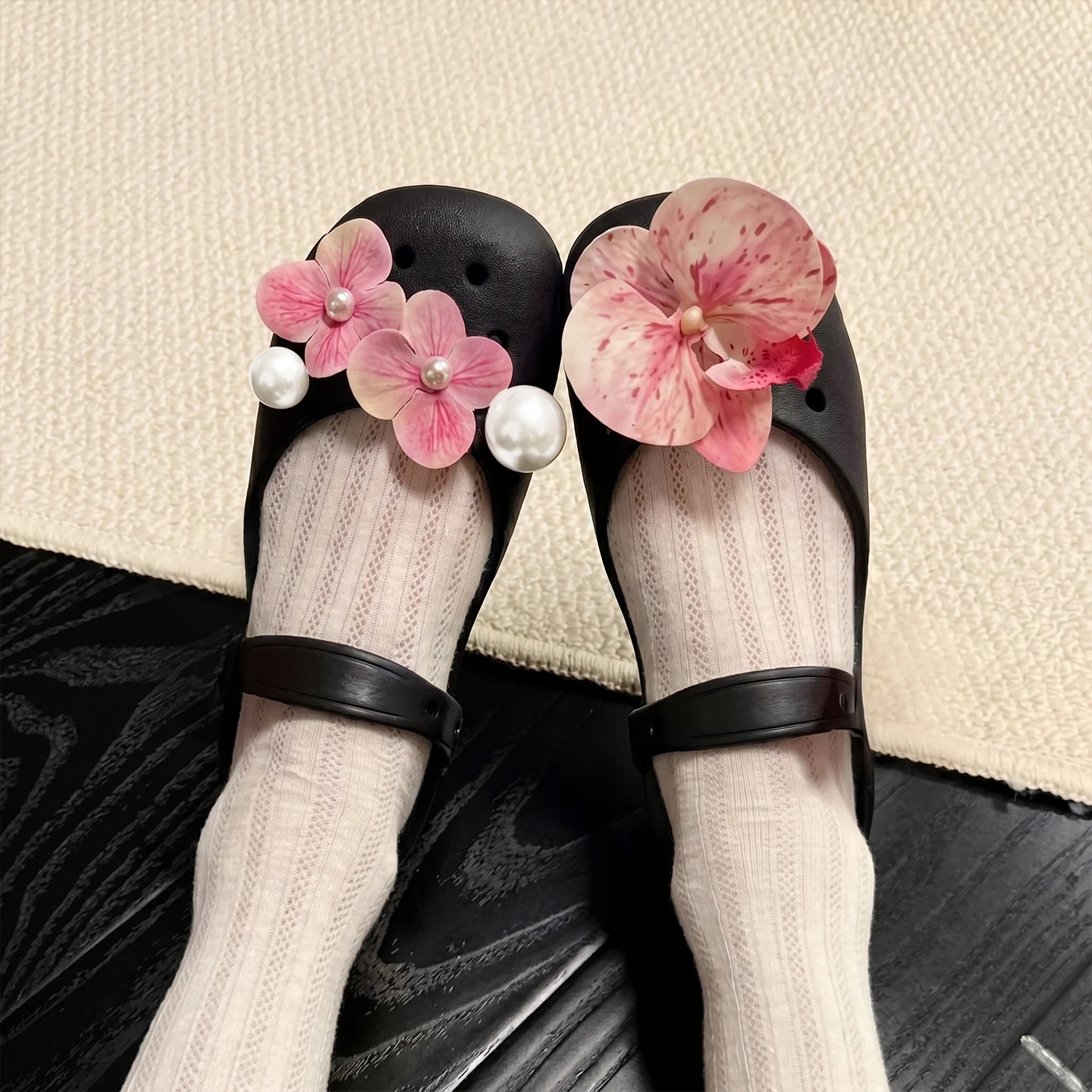 Mary Jane Clogs Orchid Flower Pearl Decor EVA Hole Shoes Adjustable Strap Non-slip Platform Garden Slippers