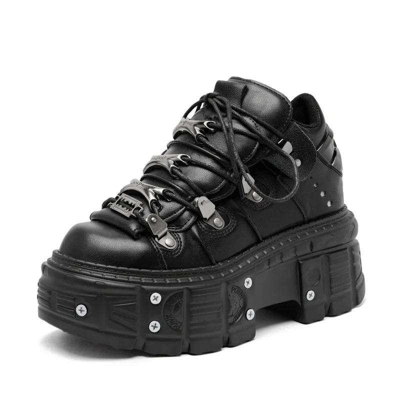 Punk Stil Frauen Schwarze Schuhe Rock Metall Dekor Lace-up Ferse Höhe Plattform Schuhe Gothic Mann Turnschuhe Frauen Stiefeletten 2024 Neue