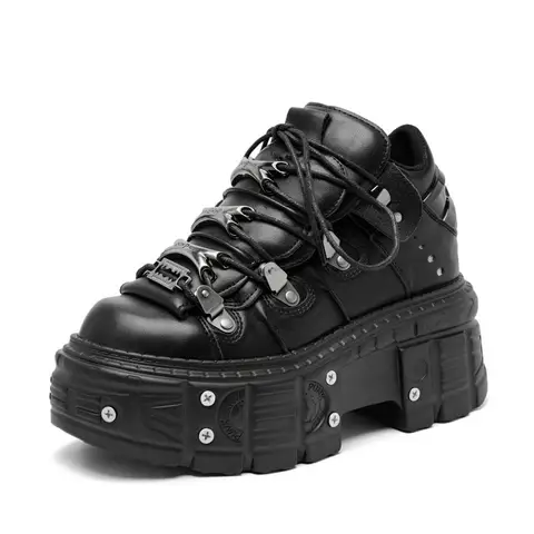 Punk Style Women Black Shoes Rock Metal Decor Lace-up Heel Height Platform Shoes Gothic Man Sneakers Women Ankle Boots 2025 New