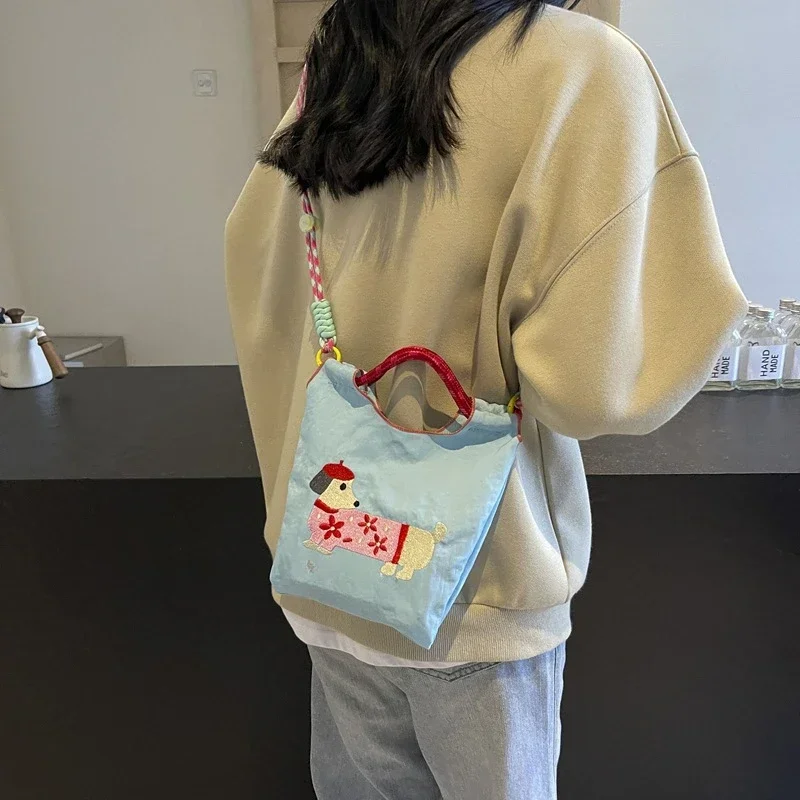 Japanese Crossbody Bag Cute Cartoon Contrasting Embroidery Eco-friendly Bag Original Design Nylon Ultra Light Handheld Cloth Bag