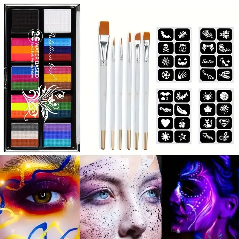 Juego de pintura corporal de 26 colores con pinceles y pegatinas, pintura corporal luminosa UV soluble en agua, arte para actuaciones en escenario, maquillaje