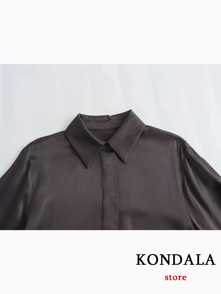 KONDALA Vintage Black Satin Women Suit Turn-down Collar Single Breasted Blouse Loose Long Straight Skirt Fashion 2023 Autumn Set