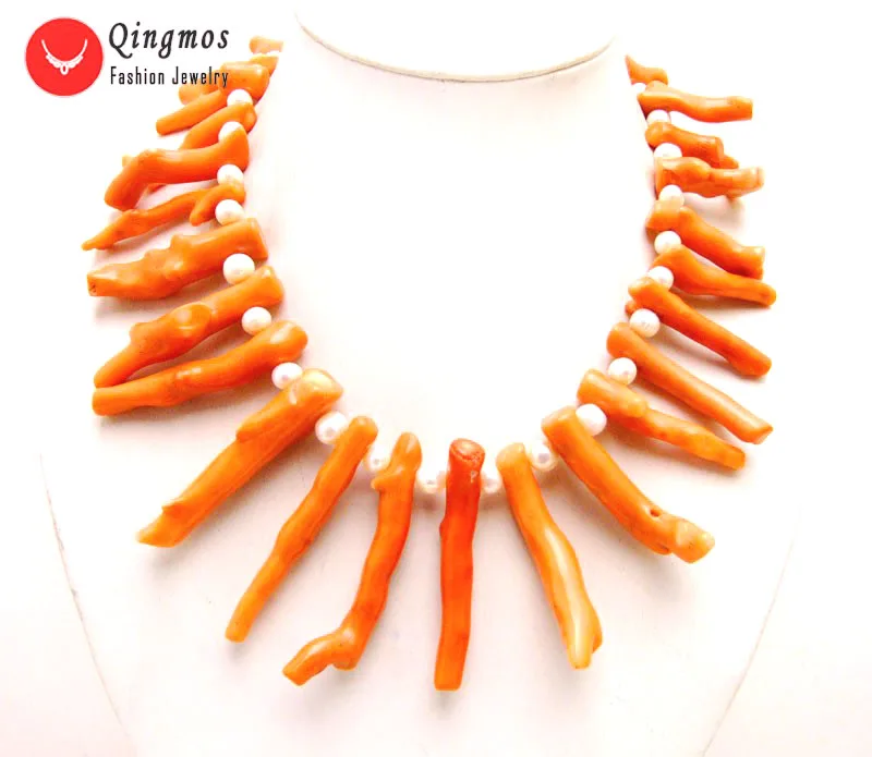 Qingmos  30-50mm Branch Natural Orange Coral Pendant Necklace for Women with 7-8mm Natural White Pearl Necklace Jewelry 18