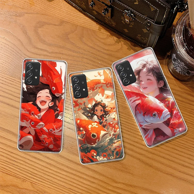 Red Lucky Koi Fish Girl Phone Case For Galaxy A02S A03S A12 A22 A32 A42 A52 A52S A72 Samsung A73 A53 A33 A23 A13 A9 A8 A7 A6 Plu