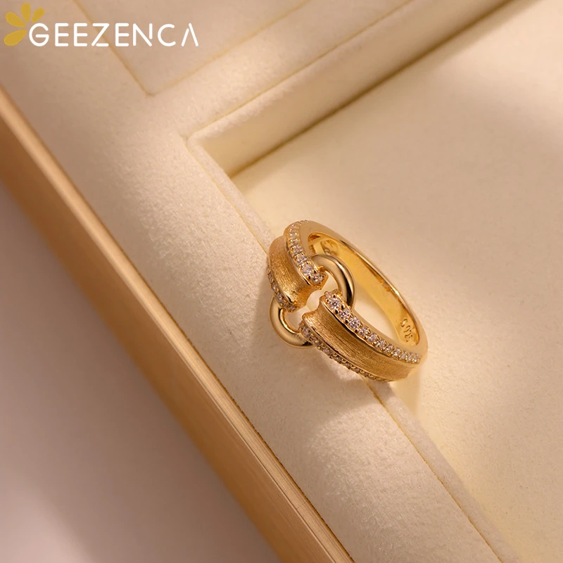 GEEZENCA 925 Sterling Silver Italian Brushed Craft 5A Zircon Rings For Women Lock Buckle Unique Chic Luxury Ring 2024 New Gift